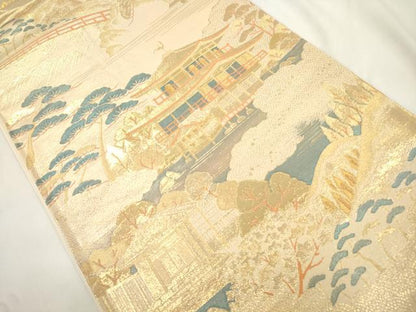 平和屋本店▼六通柄袋帯　金閣嵐山之図　純金二重箔　正絹　逸品　CABL4443dy