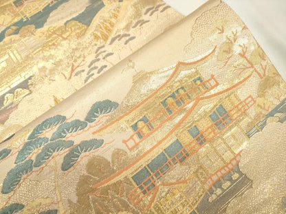 平和屋本店▼六通柄袋帯　金閣嵐山之図　純金二重箔　正絹　逸品　CABL4443dy