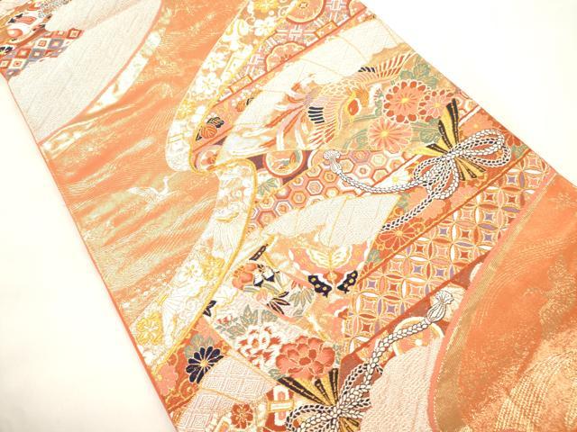 平和屋本店▼六通柄袋帯　唐織　扇面宝尽くし花鳥舞蝶文　純金箔24K貮重箔　正絹　逸品　CABL4447dy