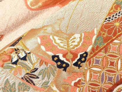 平和屋本店▼六通柄袋帯　唐織　扇面宝尽くし花鳥舞蝶文　純金箔24K貮重箔　正絹　逸品　CABL4447dy
