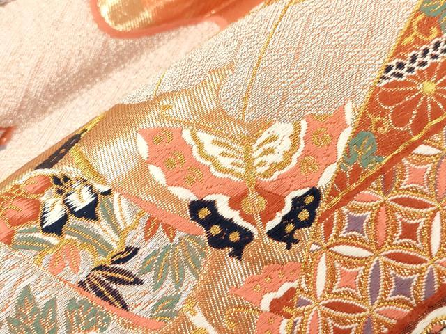 平和屋本店▼六通柄袋帯　唐織　扇面宝尽くし花鳥舞蝶文　純金箔24K貮重箔　正絹　逸品　CABL4447dy