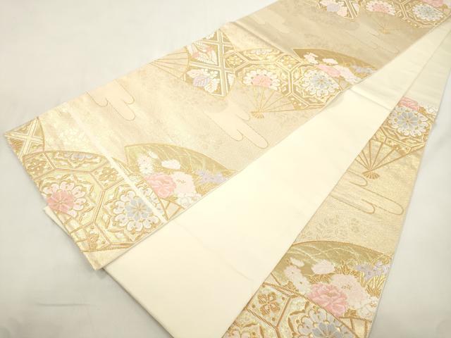 平和屋本店▼六通柄　本袋帯　唐織　扇面双鶴花文　純金二重金箔　正絹　逸品　CABL4448dy