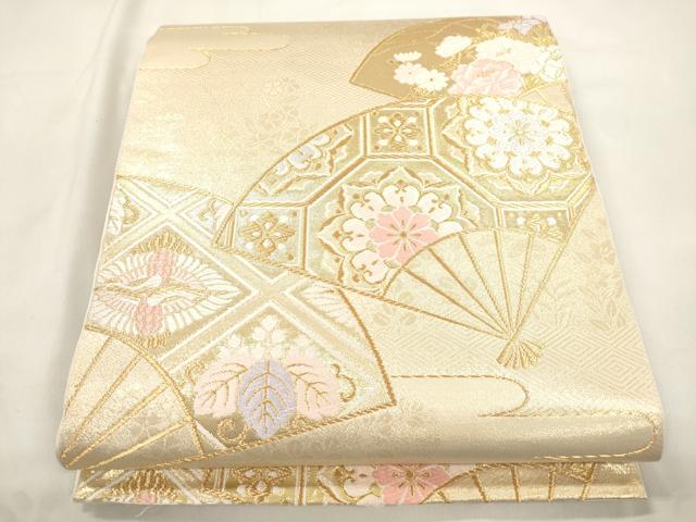 平和屋本店▼六通柄　本袋帯　唐織　扇面双鶴花文　純金二重金箔　正絹　逸品　CABL4448dy