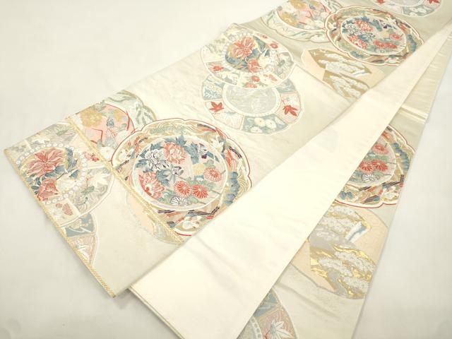 平和屋本店▼六通柄袋帯　別織　鏡裏花文　九百錦純金箔24K　正絹　逸品　CABL4456dy