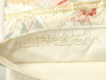 平和屋本店▼六通柄袋帯　別織　鏡裏花文　九百錦純金箔24K　正絹　逸品　CABL4456dy