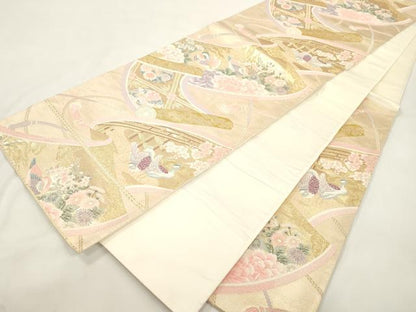 平和屋本店▼六通柄袋帯　唐織　絵巻花鳥文　本金箔九百錦　正絹　逸品　CABL4459dy
