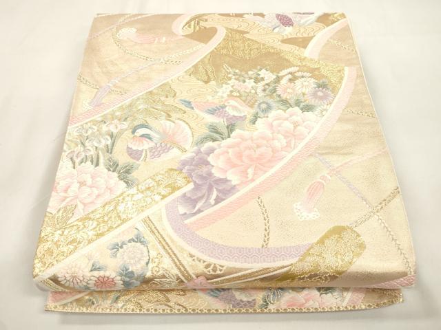 平和屋本店▼六通柄袋帯　唐織　絵巻花鳥文　本金箔九百錦　正絹　逸品　CABL4459dy