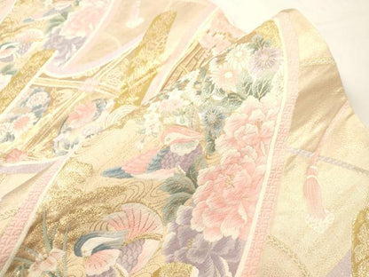 平和屋本店▼六通柄袋帯　唐織　絵巻花鳥文　本金箔九百錦　正絹　逸品　CABL4459dy