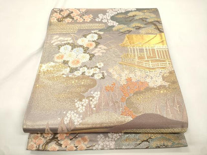 平和屋本店▼六通柄袋帯　唐織　風景文　本金箔　正絹　逸品　CABL4466dy