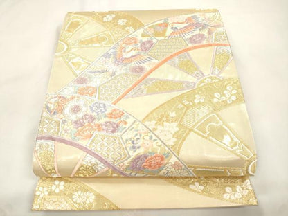 平和屋本店▼六通柄袋帯　唐織　片輪車花鳥文　錦本金箔　正絹　逸品　CABL4469dy