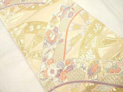 平和屋本店▼六通柄袋帯　唐織　片輪車花鳥文　錦本金箔　正絹　逸品　CABL4469dy