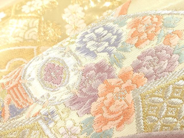 平和屋本店▼六通柄袋帯　唐織　片輪車花鳥文　錦本金箔　正絹　逸品　CABL4469dy