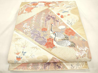 平和屋本店▼六通柄袋帯　唐織　飛鶴花文　九百錦純金箔　正絹　逸品　CABL4470dy