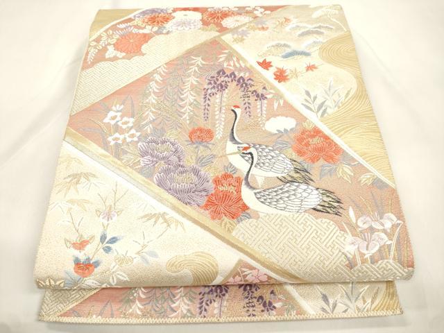 平和屋本店▼六通柄袋帯　唐織　飛鶴花文　九百錦純金箔　正絹　逸品　CABL4470dy