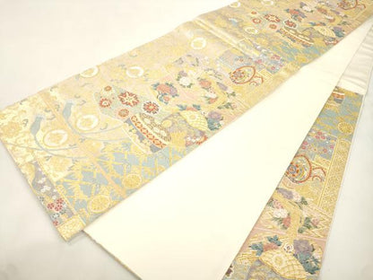 平和屋本店▼六通柄袋帯　赤手箱牡丹蒔絵之図　本金箔　正絹　逸品　CABL4477dy