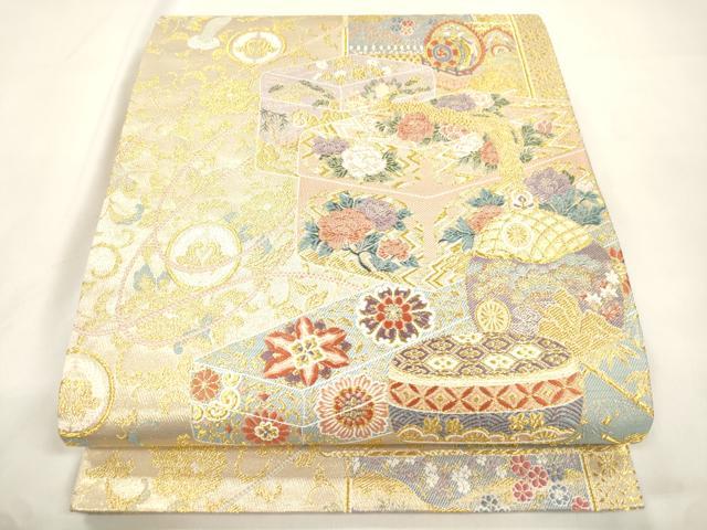 平和屋本店▼六通柄袋帯　赤手箱牡丹蒔絵之図　本金箔　正絹　逸品　CABL4477dy
