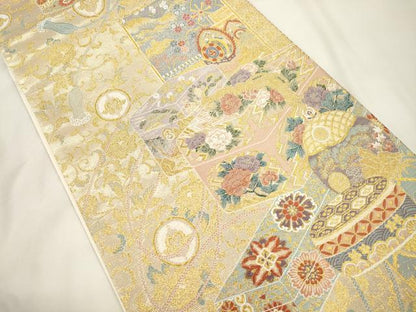 平和屋本店▼六通柄袋帯　赤手箱牡丹蒔絵之図　本金箔　正絹　逸品　CABL4477dy
