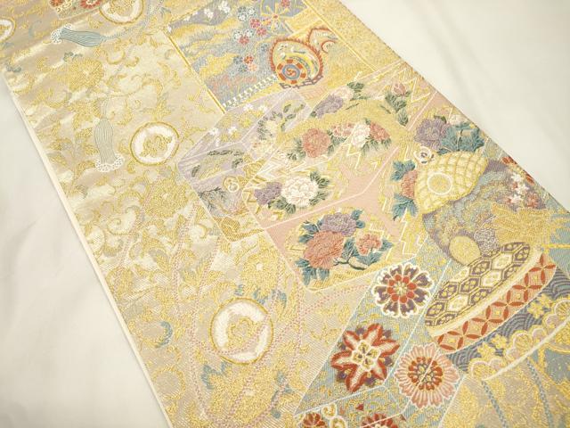 平和屋本店▼六通柄袋帯　赤手箱牡丹蒔絵之図　本金箔　正絹　逸品　CABL4477dy