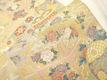 平和屋本店▼六通柄袋帯　赤手箱牡丹蒔絵之図　本金箔　正絹　逸品　CABL4477dy