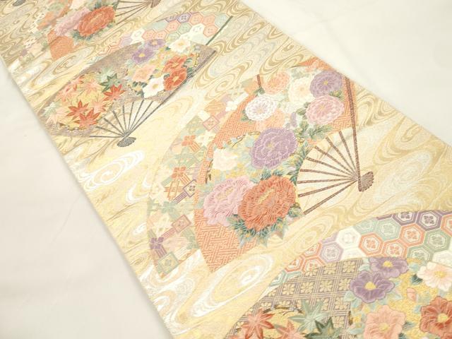 平和屋本店▼六通柄袋帯　唐織　流水扇面草花丸文　本金箔末広錦　正絹　逸品　CABL4478dy