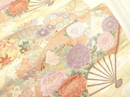 平和屋本店▼六通柄袋帯　唐織　流水扇面草花丸文　本金箔末広錦　正絹　逸品　CABL4478dy