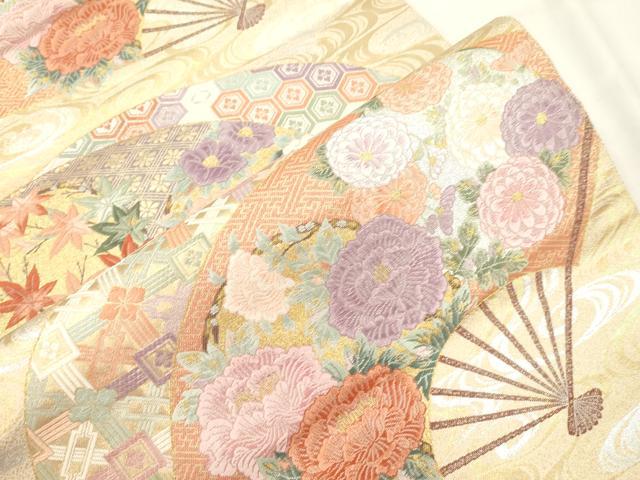 平和屋本店▼六通柄袋帯　唐織　流水扇面草花丸文　本金箔末広錦　正絹　逸品　CABL4478dy