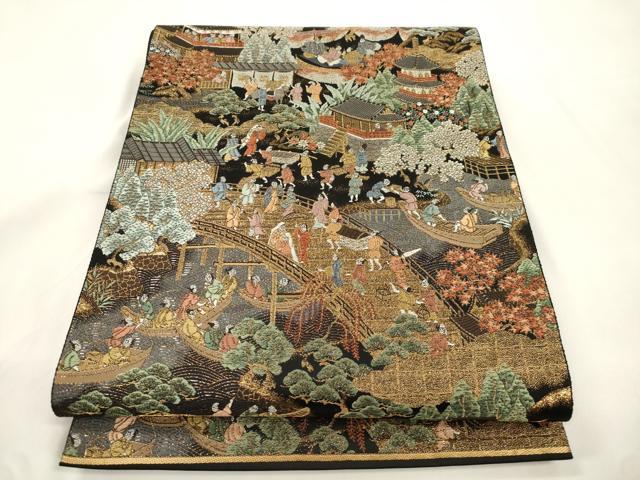 平和屋本店▼六通柄袋帯　京三条大橋　黒地　本金箔　正絹　逸品　CABL4481dy