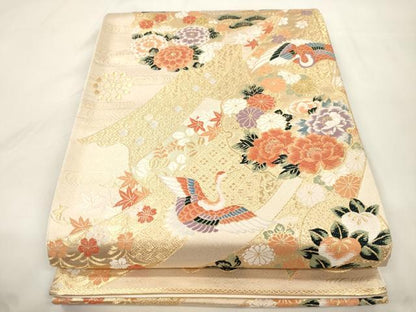 平和屋本店▼六通柄袋帯　唐織　熨斗目花鳥文　本金箔　正絹　逸品　CABL4485dy