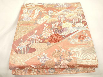 平和屋本店▼六通柄袋帯　唐織　花鳥文　純金箔二重織　正絹　逸品　CABL4497dy