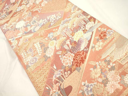 平和屋本店▼六通柄袋帯　唐織　花鳥文　純金箔二重織　正絹　逸品　CABL4497dy