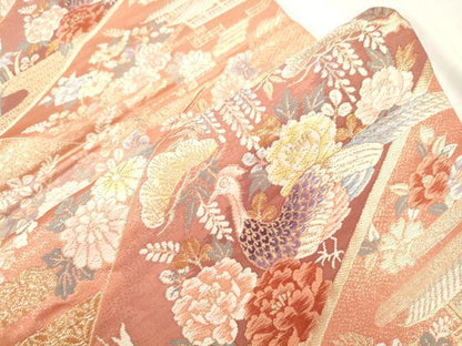 平和屋本店▼六通柄袋帯　唐織　花鳥文　純金箔二重織　正絹　逸品　CABL4497dy