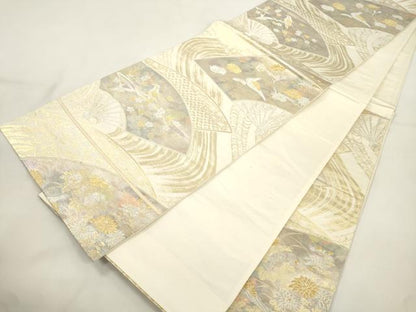 平和屋本店▼六通柄袋帯　扇面花鳥文　純金箔二重引　24金　正絹　逸品　CABL4512dy