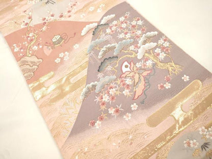平和屋本店▼六通柄袋帯　九百錦袋　唐織　松竹梅風景文　純金箔　正絹　逸品　CABL4516dy
