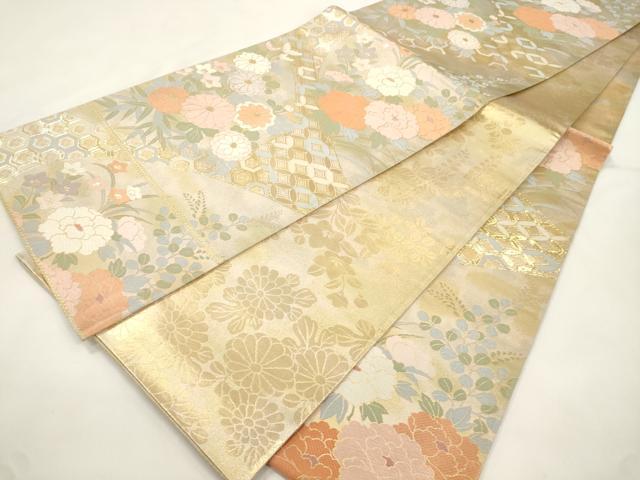 平和屋本店▼両面　六通柄袋帯　唐織　草花文　本金二重箔　正絹　逸品　CABL4518dy