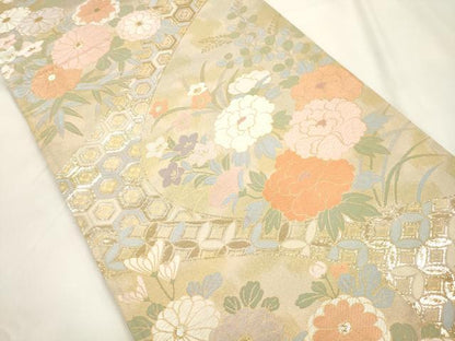 平和屋本店▼両面　六通柄袋帯　唐織　草花文　本金二重箔　正絹　逸品　CABL4518dy
