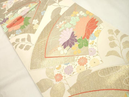 平和屋本店▼六通柄袋帯　九百　箔地紋錦　地紙草花文　本金調　正絹　逸品　CABL4525dy
