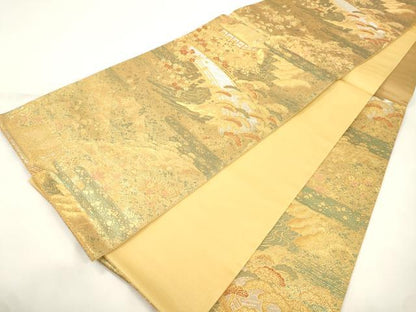 平和屋本店▼六通柄袋帯　古代はく　風景文　本金箔二重　正絹　逸品　CABL4528dy