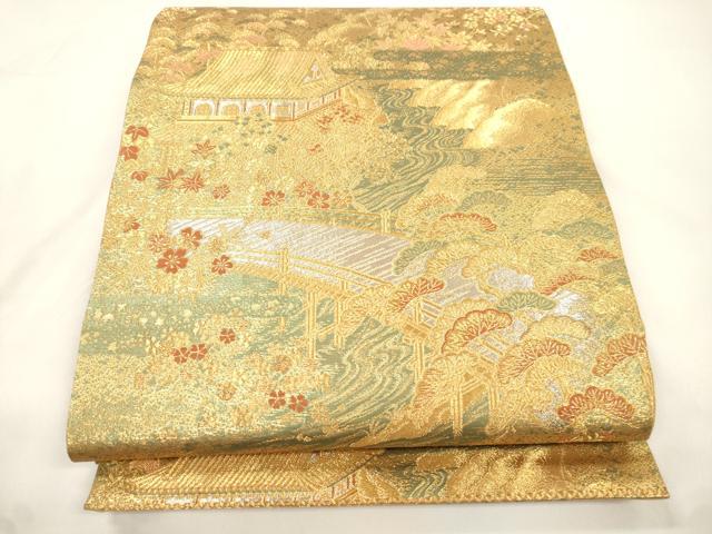 平和屋本店▼六通柄袋帯　古代はく　風景文　本金箔二重　正絹　逸品　CABL4528dy