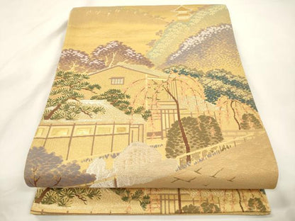 平和屋本店▼六通柄袋帯　風景文　本金古典二重箔　正絹　逸品　CABL4532dy