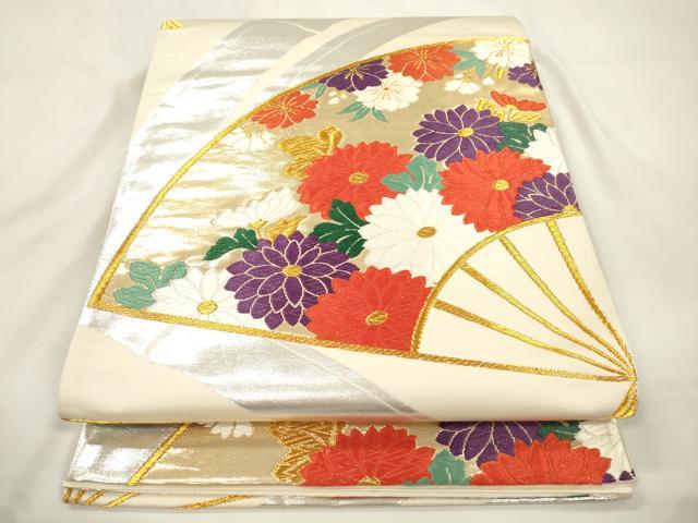 平和屋本店▼六通柄袋帯　唐織　扇面草花文　純金箔24K　正絹　逸品　CABL4534dy