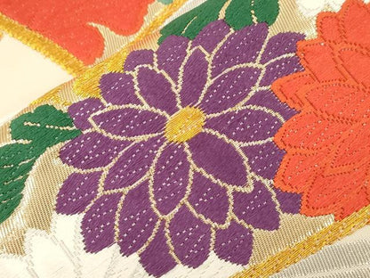 平和屋本店▼六通柄袋帯　唐織　扇面草花文　純金箔24K　正絹　逸品　CABL4534dy