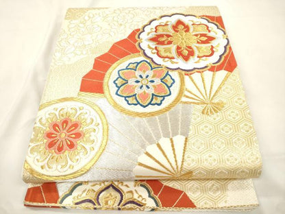 平和屋本店▼六通柄袋帯　扇面花文　本金箔　正絹　逸品　CABL4535dy