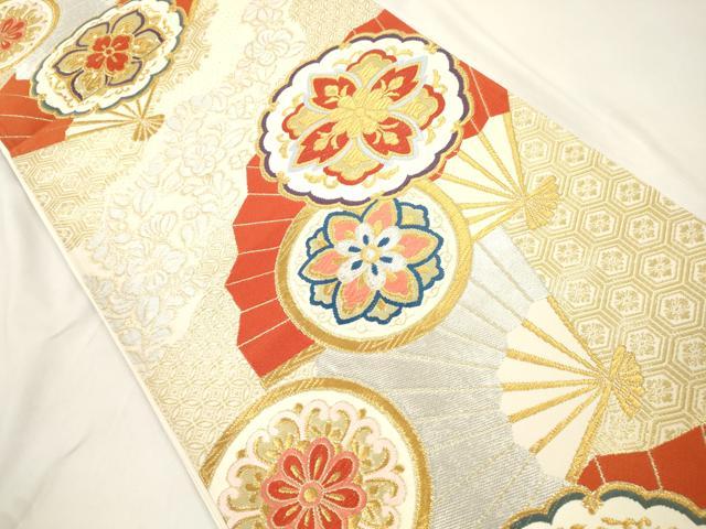 平和屋本店▼六通柄袋帯　扇面花文　本金箔　正絹　逸品　CABL4535dy