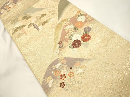 平和屋本店▼六通柄袋帯　唐織　箔宝錦　遠山草花文　本金箔　正絹　逸品　CABL4537dy