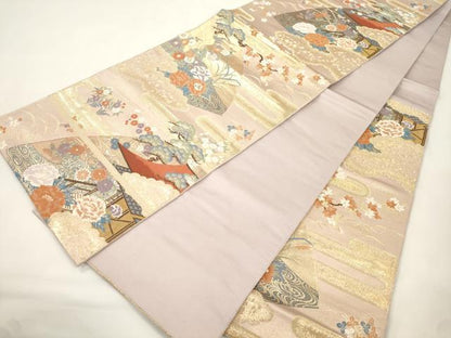 平和屋本店▼六通柄袋帯　唐織　地紙風景文　本金箔　正絹　逸品　CABL4541dy