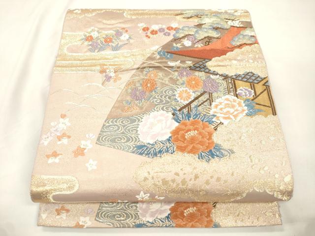 平和屋本店▼六通柄袋帯　唐織　地紙風景文　本金箔　正絹　逸品　CABL4541dy