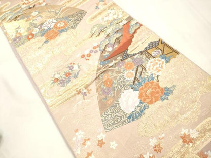 平和屋本店▼六通柄袋帯　唐織　地紙風景文　本金箔　正絹　逸品　CABL4541dy