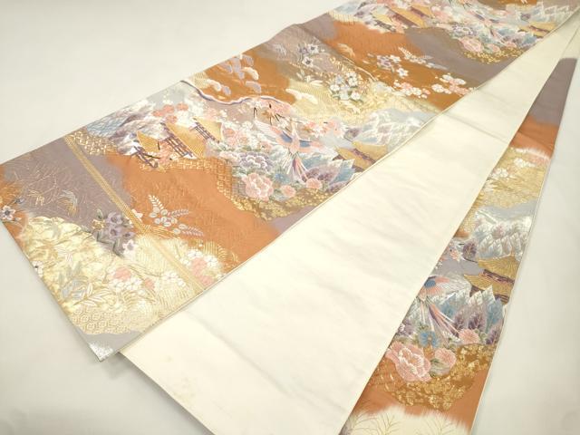 平和屋本店▼六通柄袋帯　飛鶴風景文　九百錦袋純金箔　正絹　逸品　CABL4543dy
