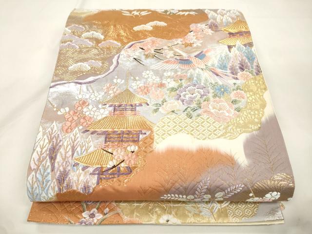 平和屋本店▼六通柄袋帯　飛鶴風景文　九百錦袋純金箔　正絹　逸品　CABL4543dy