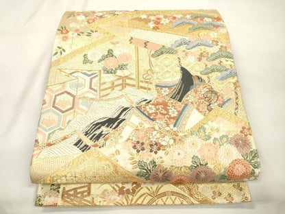 平和屋本店▼六通柄袋帯　松皮王朝絵文　本金箔　正絹　逸品　CABL4544dy